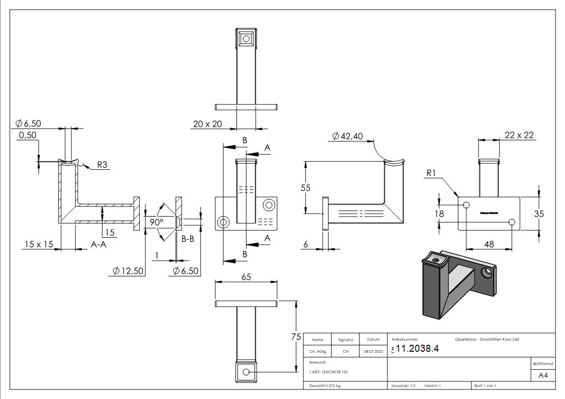 Handlaufhalter zum Anschweißen/Aufschrauben für Ø 42,4 mm V2A