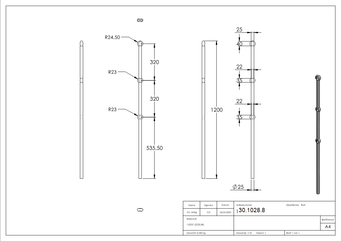 Anfangsstab Pfosten Länge: 1200 mm Material: Ø 25 mm Stahl S235JR, roh