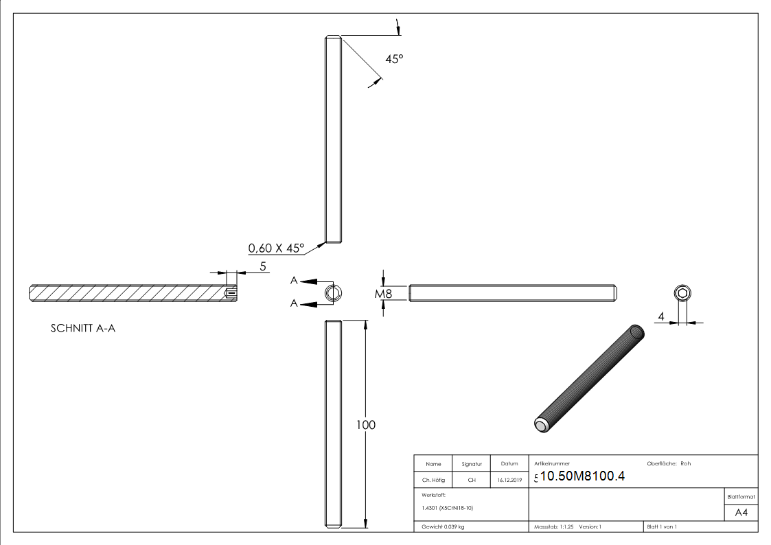 Gewindestift M8x100 mm V2A