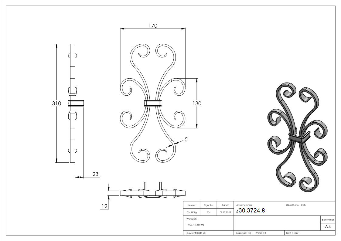 Steckelement | Maße: 170x310 mm | Material 12x5 mm | Stahl S235JR, roh