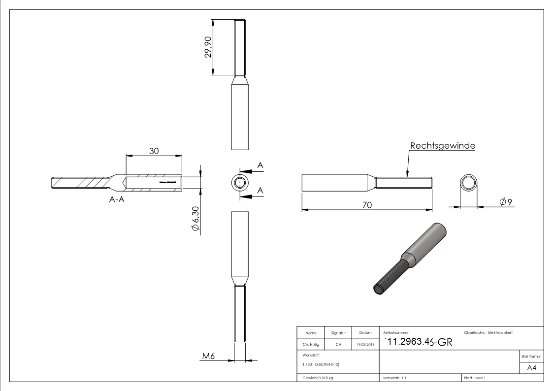 Gewindeterminal mit Außengewinde | Rechtsgewinde | Für Seil von Ø 6 mm |V2A