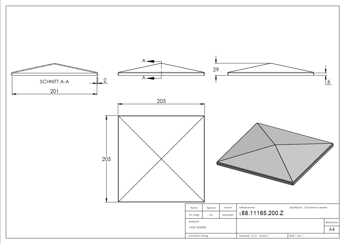 Pfeilerbedecker für Rohr 200 x 200mm, verzinkt