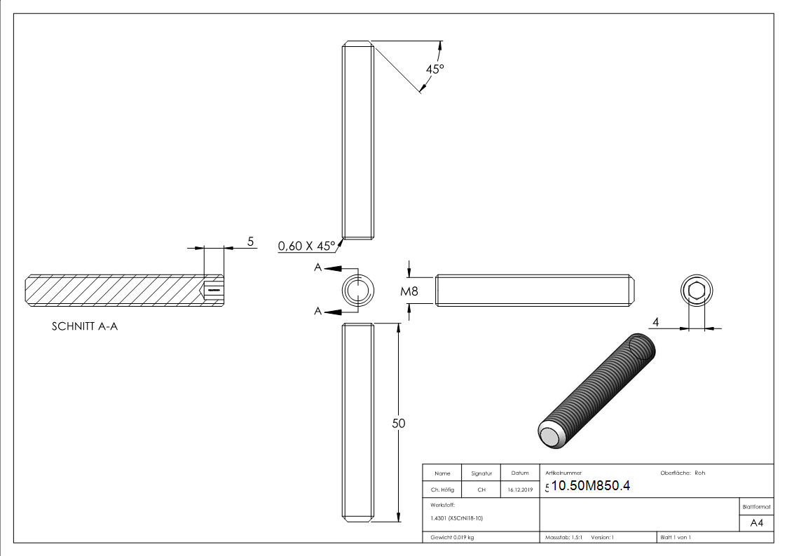 Gewindestift M8x50 mm V2A