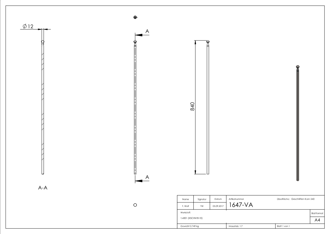 Zierstab, Gruber-Design, Länge: 840mm, V2A