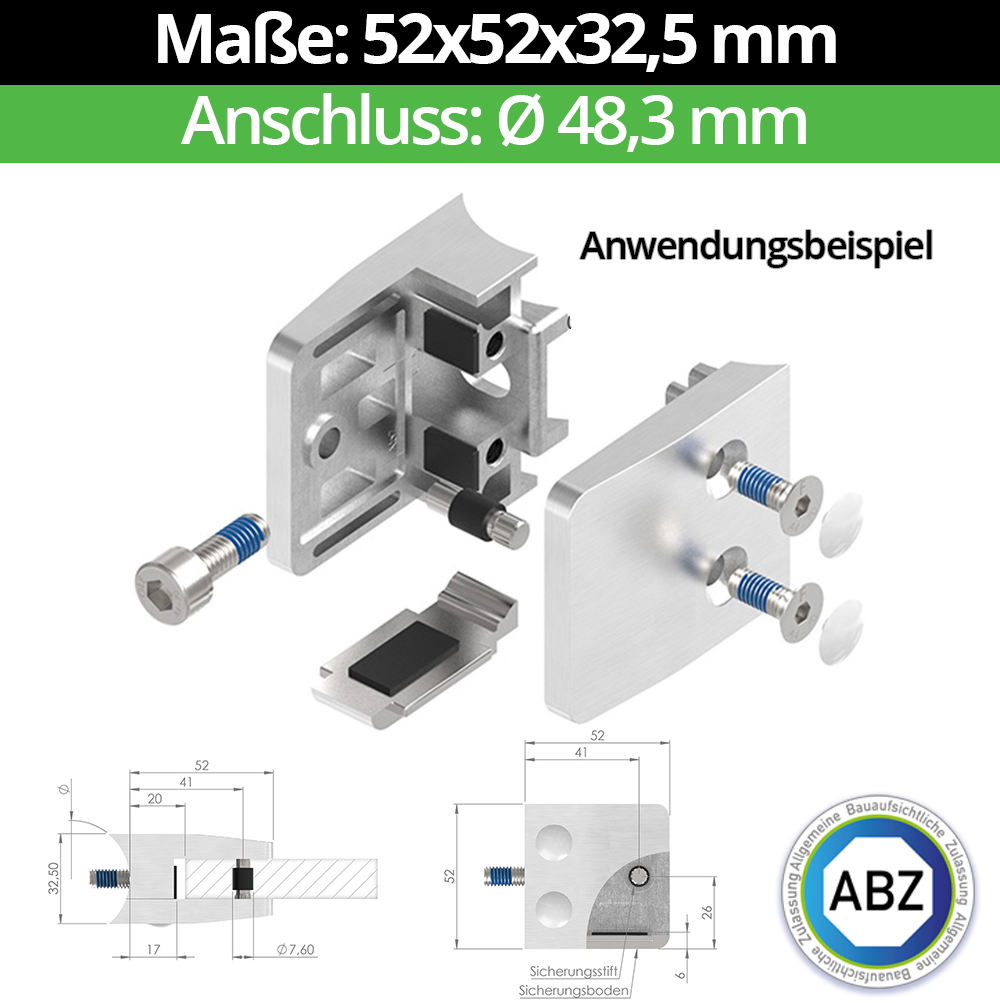 Glasklemme AbZ 52x52x32,5 mm  für Anschluss  Flach | Ø 42,4 mm | Ø 48,3 mm | 60,3 mm