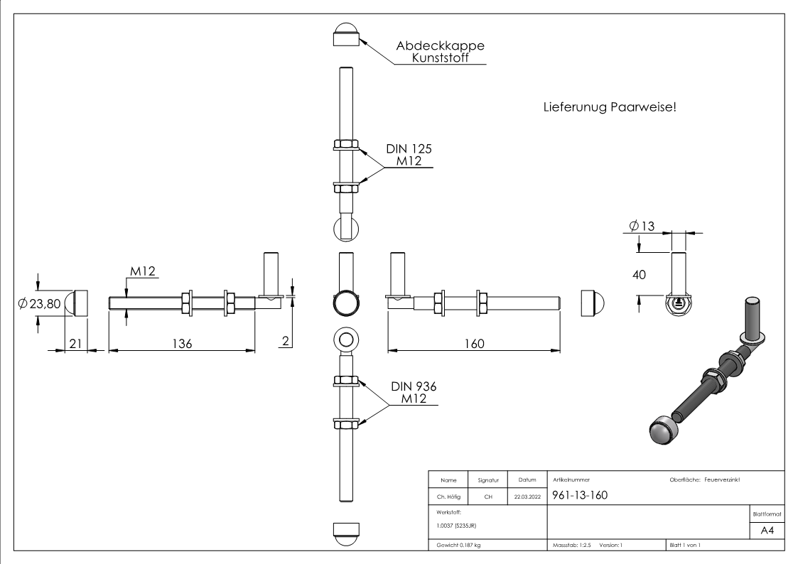 Einhängeband Torband zum Durchschrauben für Ø 13mm, Länge 160mm