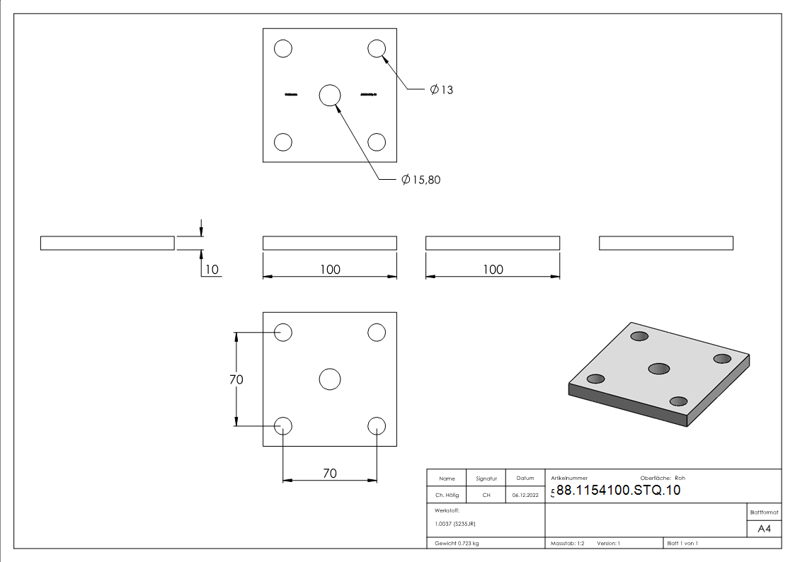 Ankerplatte 100x100x10 mm 5 Bohrungen |  Stahl roh