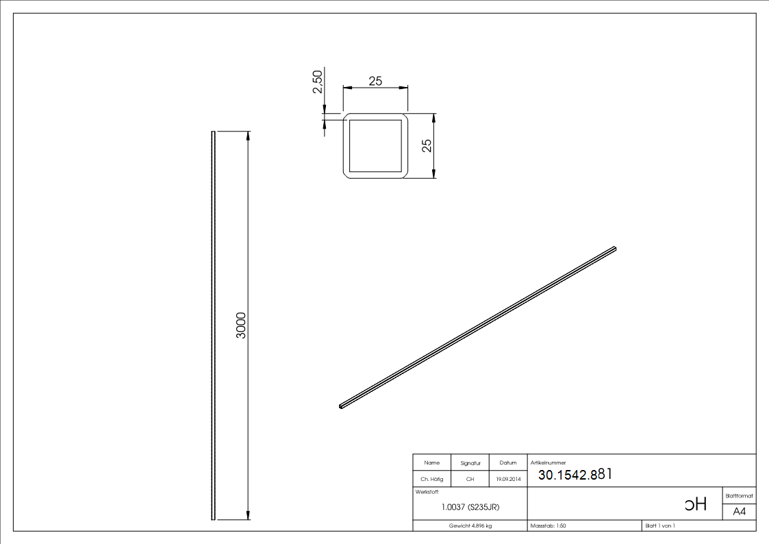 Quadratrohr | gehämmert | Maße: 25x25x2,5 mm | Länge: 3000 mm | Stahl S235JR, roh