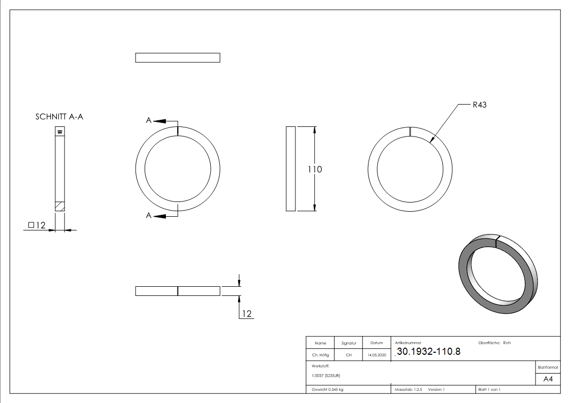 Ring | Material: 12x12 mm | Außen-Ø 110 mm | Stahl S235JR, roh