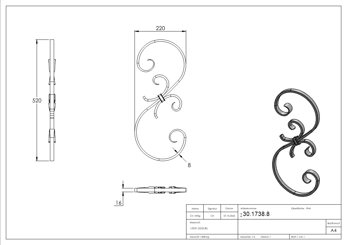 Zierteil | Maße: 220x520 mm | Material: 16x8 mm | Stahl S235JR, roh