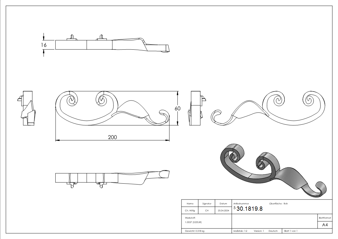 Schwerbarock | links | Maße: 60x200 mm | Stahl S235JR, roh