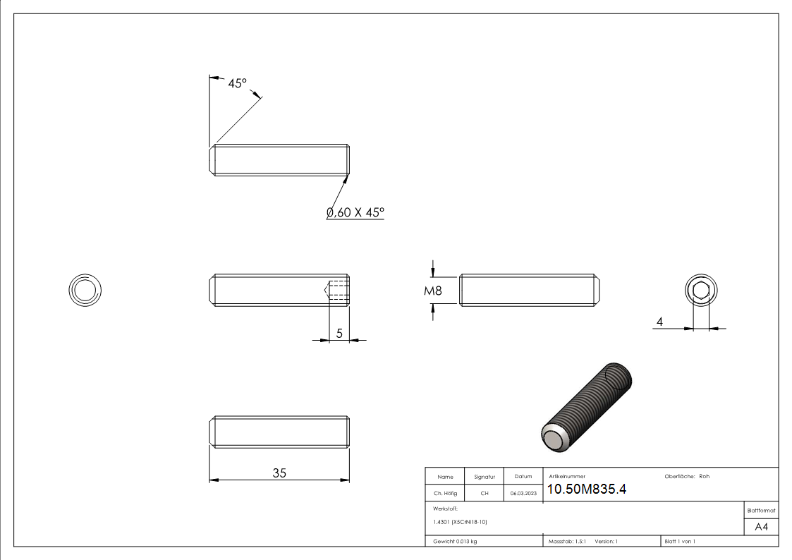 Gewindestift M8x35 mm V2A