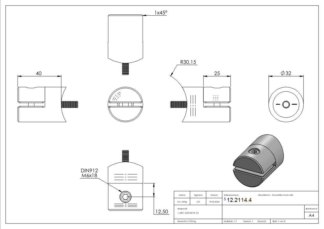 Blechhalter Ø 32 mm V2A für Anschluss Ø 60,3 mm