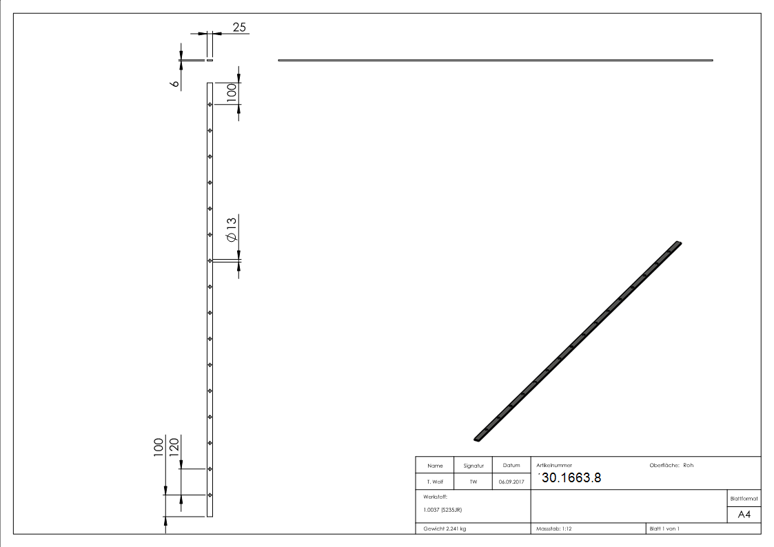 Flacheisen gelocht | Länge: 2000 mm | 16 Lochungen | Stahl (Roh) S235JR