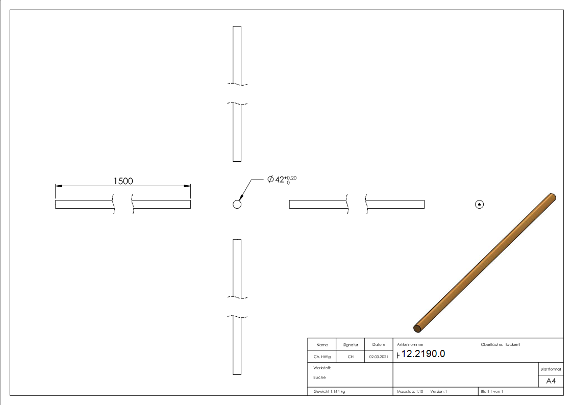 Holzhandlauf Buche, D=42mm, Länge 1500mm