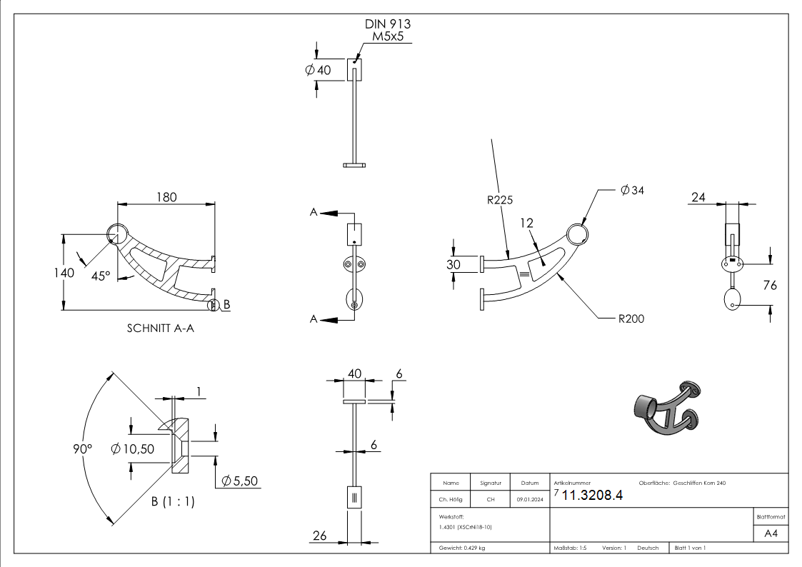 Fuß-/Handlaufstütze für  Ø 33,7 mm V2A