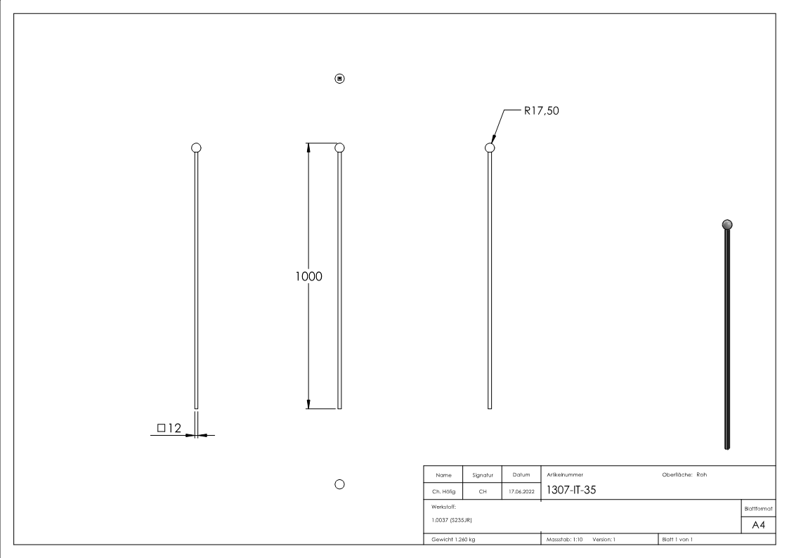 Kugelstab 12 x 12mm; Länge 1000mm;  Kugel 35mm