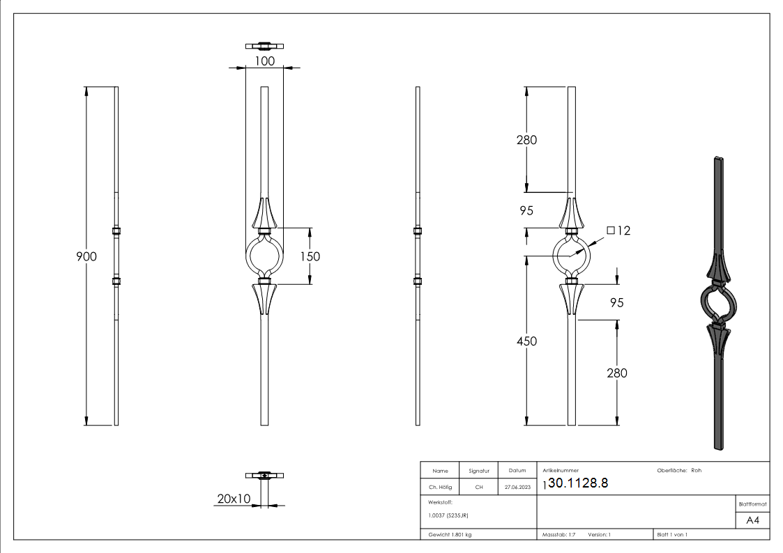 Zierstab | Länge: 900 mm | Material: 20x12 mm gehämmert | Stahl S235JR, roh