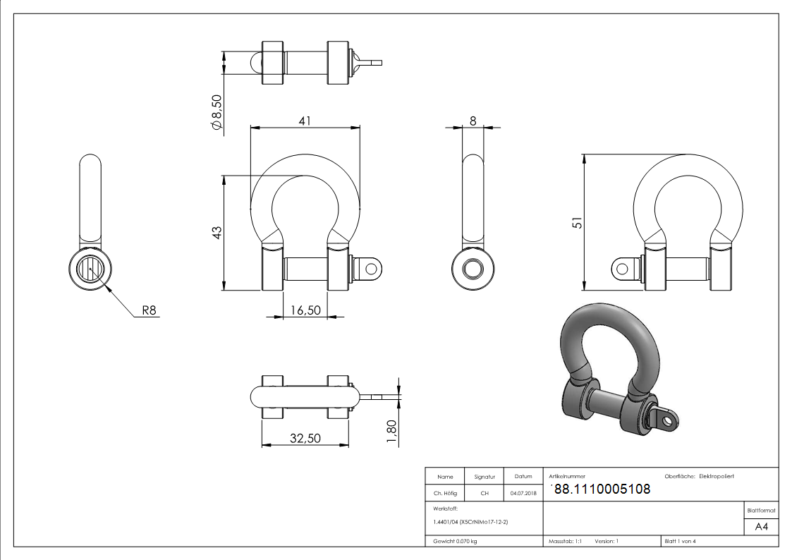 Gebogener Schäkel, M8, V4A