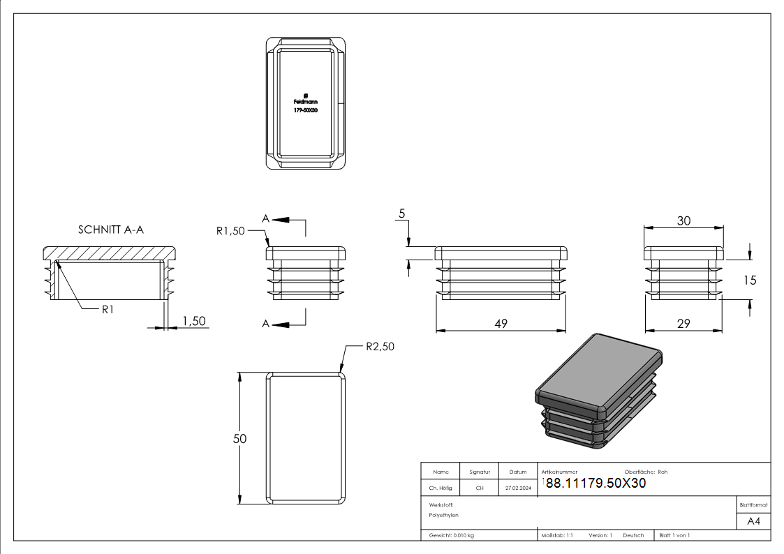 Kunststoffkappe für Rechteckrohr 50x30mm