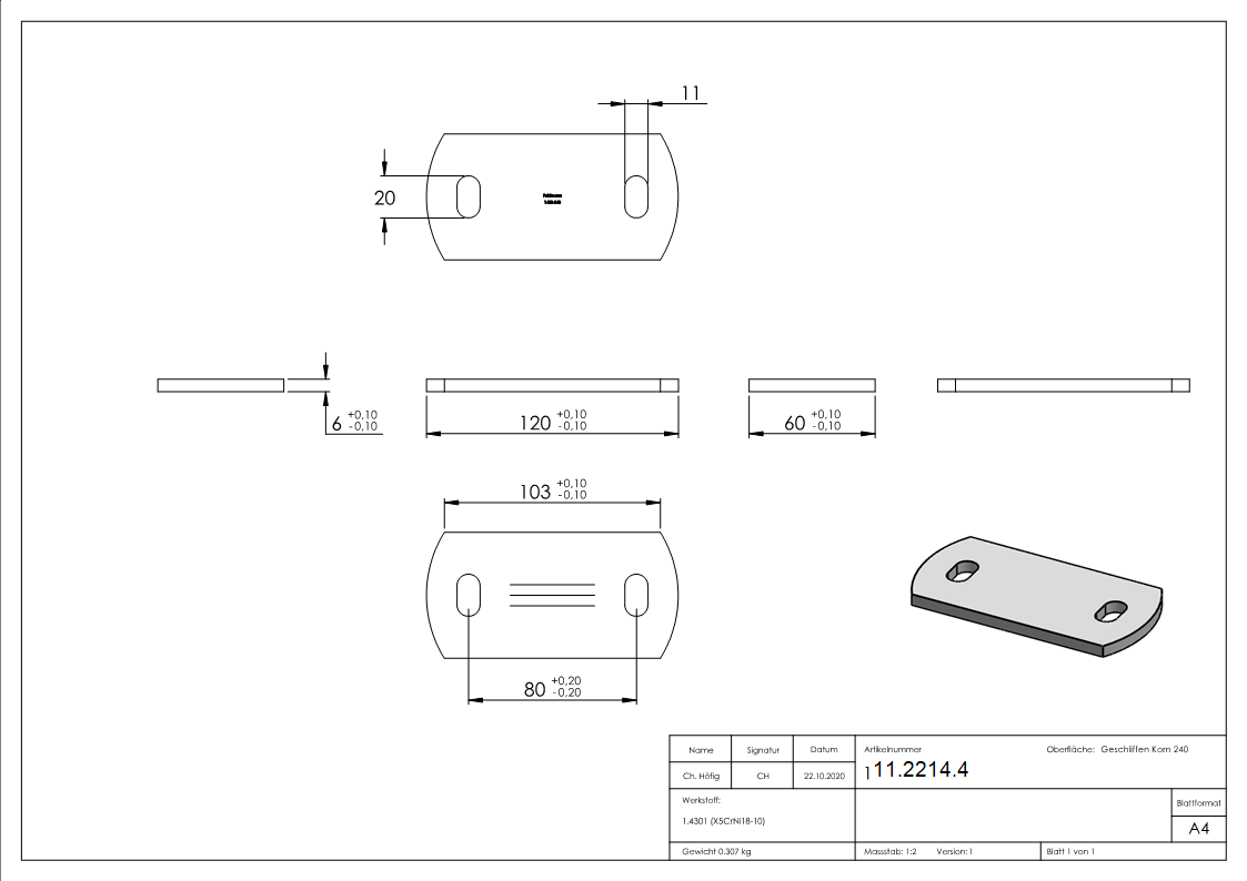 Ankerplatte | Maße: 120 x 60 x 6 mm | mit Langlochbohrung | V2A