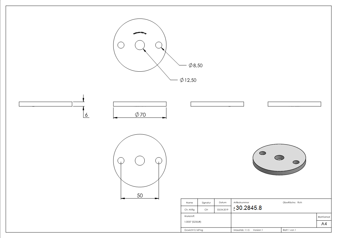 Ankerplatte 70x6 mm 3 Bohrungen |  Stahl roh