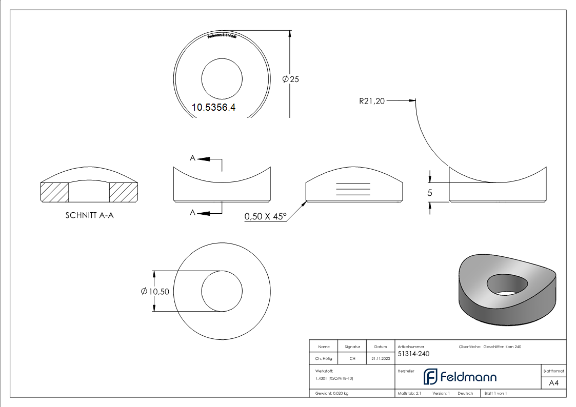 Ausgleichsstück Ø 25 mm für Rundrohr Ø 42,4 mm V2A