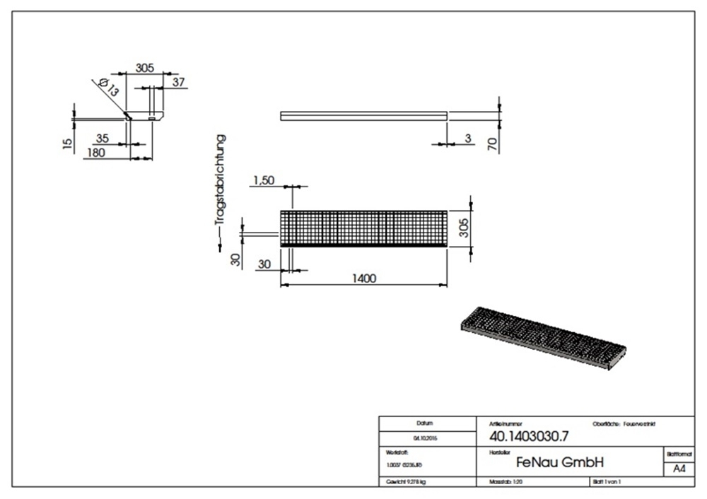 Gitterroststufe Treppenstufe | Maße: 1400x305 mm 30/30 mm | S235JR (St37-2), im Vollbad feuerverzinkt