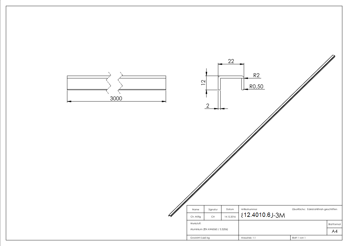 Kantenschutz | Maße: 22x12x2 mm | Länge: 3000 mm | Aluminium elox. E4/EV1