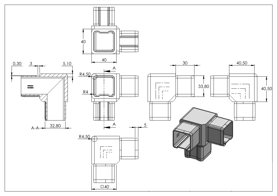 Verbindungsstück für Rohr 40x40x3mm, V4A