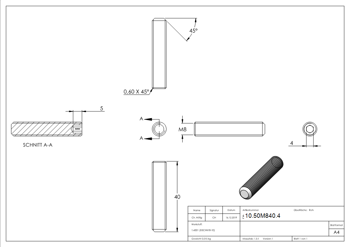 Gewindestift M8x40 mm V2A