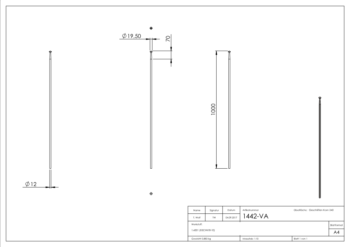 Zierstab, Gruber-Design, Länge: 1010mm, V2A