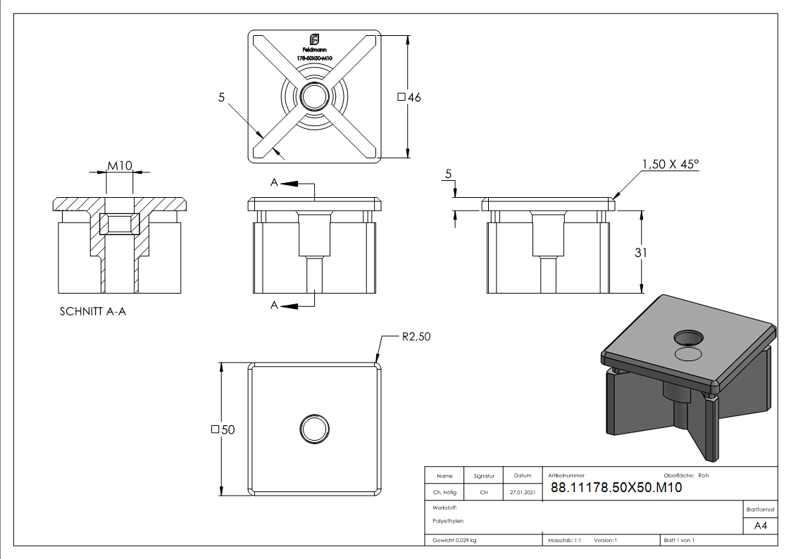 Kunststoffkappe für Quadratrohr 50x50mm mit M10