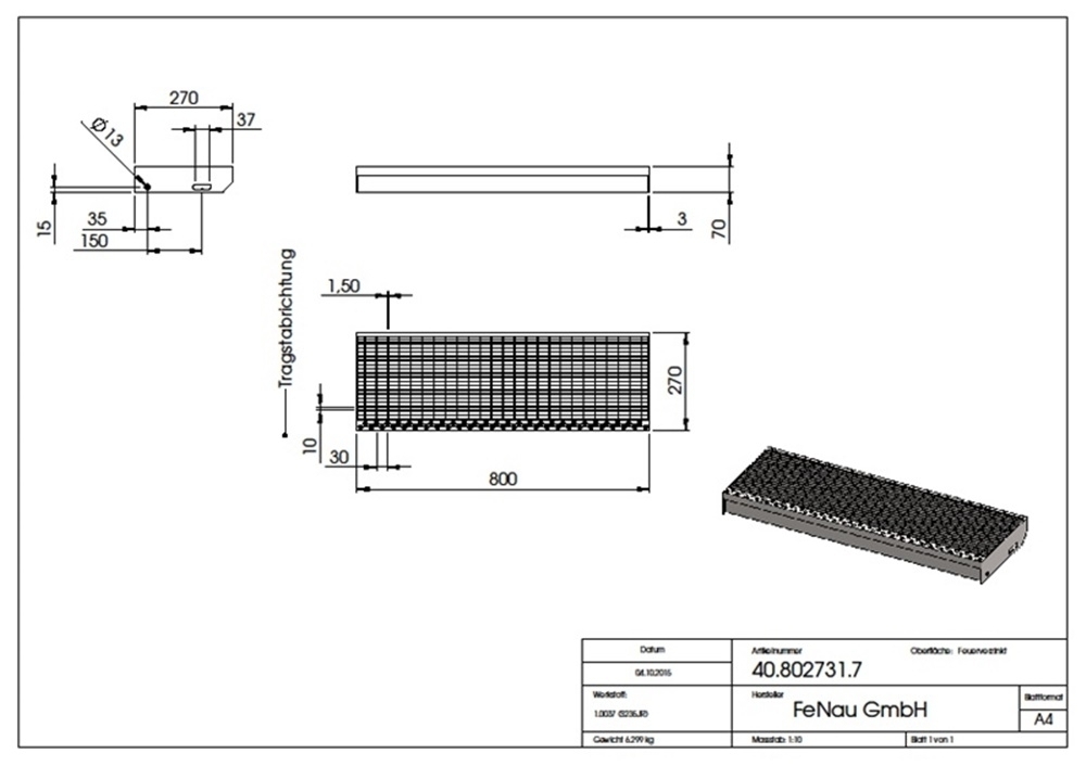 Gitterroststufe Treppenstufe | Maße: 800x270 mm 30/30 mm | V2A AISI304