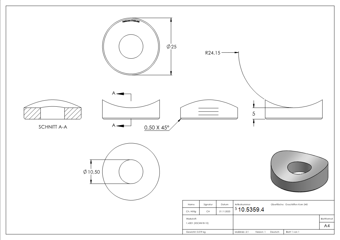 Ausgleichsstück Ø 25 mm für Rundrohr Ø 48,3 mm V2A