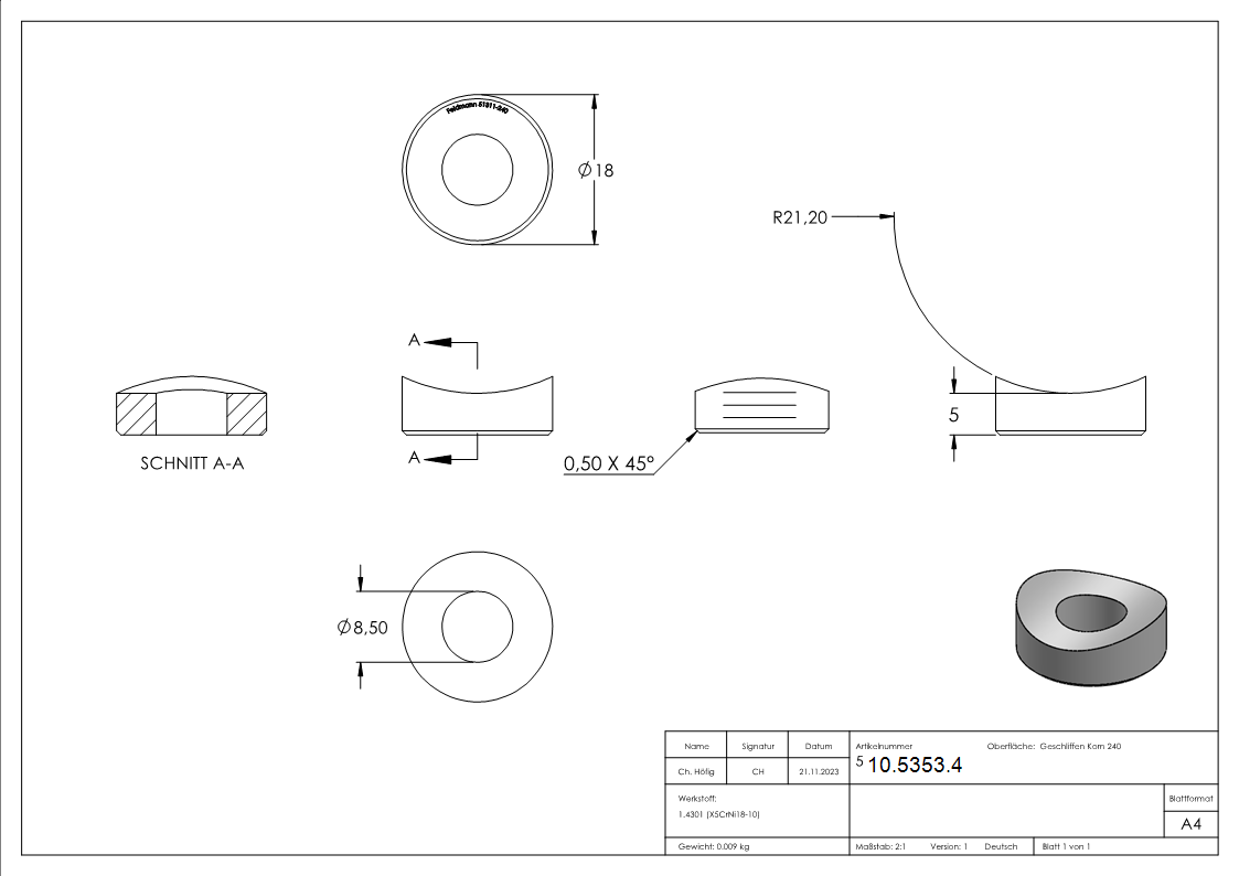 Ausgleichsstück Ø 18 mm für Rundrohr Ø 42,4 mm V2A