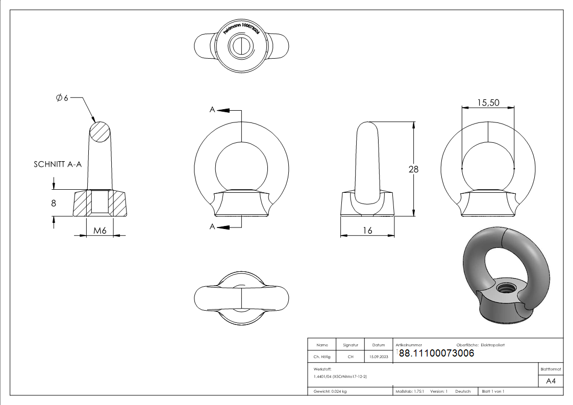 Ringschraube 6mm, V4A