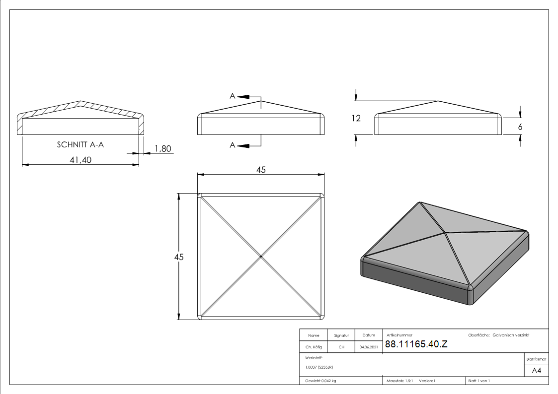 Pfeilerbedecker für Rohr 40 x 40mm, verzinkt