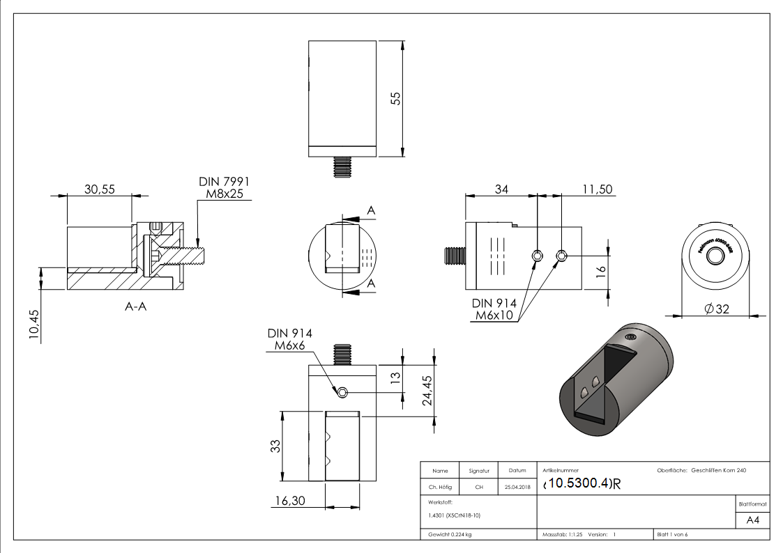 Glas-/Plattenhalter Ø 32 mm mit flachem Anschluss