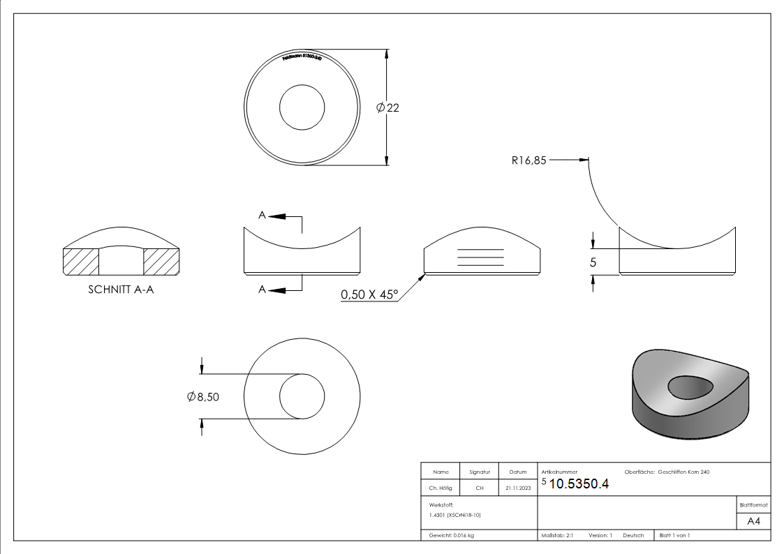 Ausgleichsstück Ø 22 mm für Rundrohr Ø 33,7 mm V2A