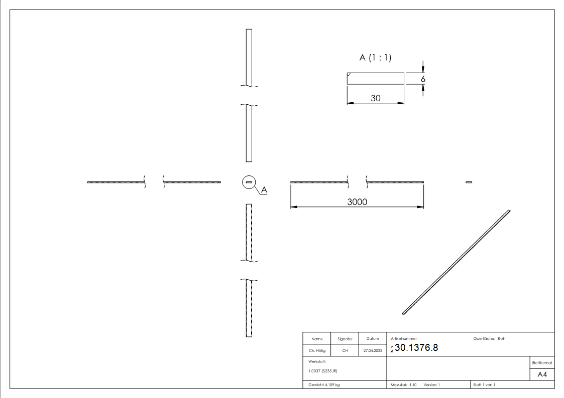 Flacheisen | Länge: 3000 mm | Material: 30x6 mm | Stahl (Roh) S235JR