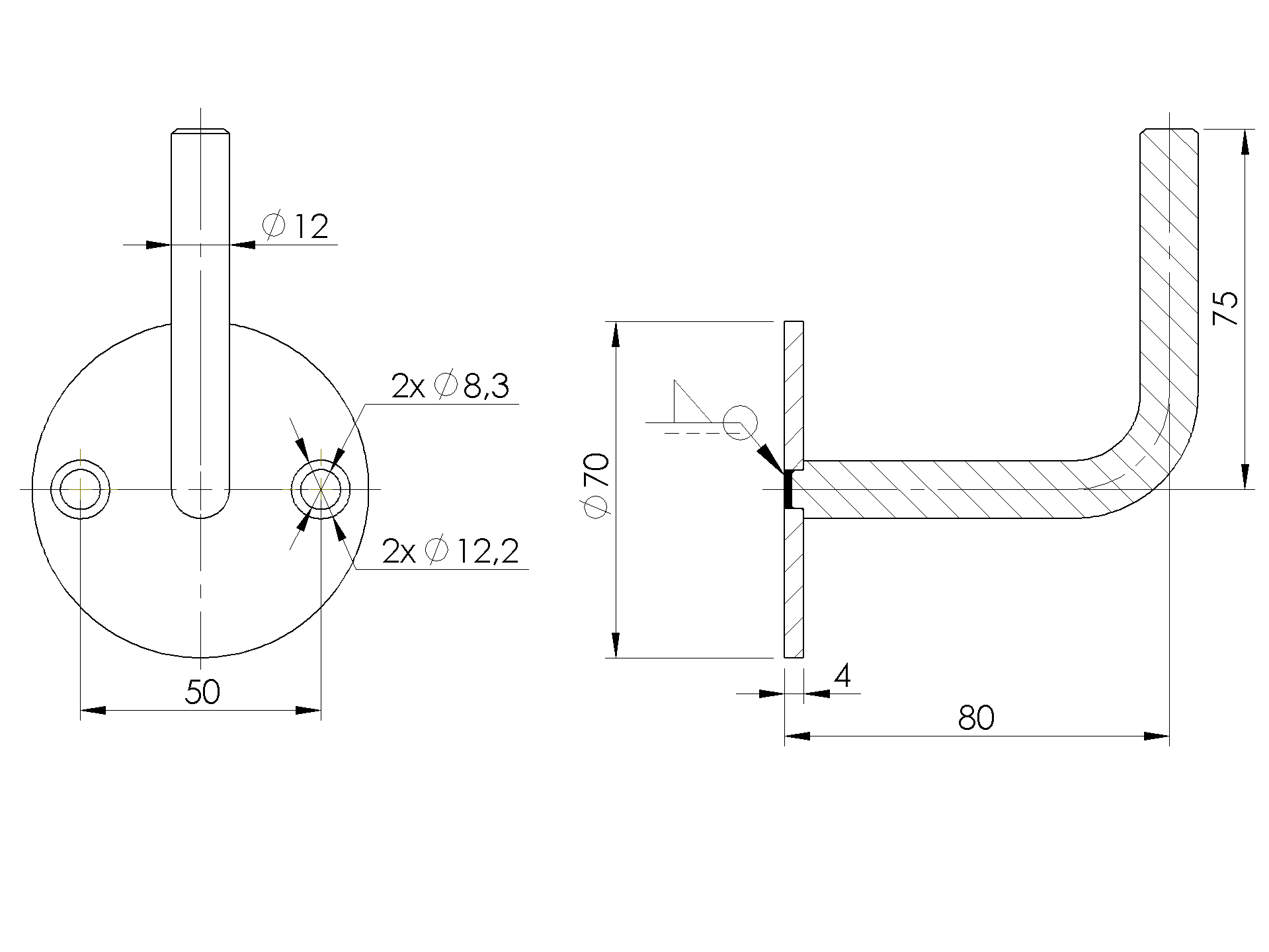 Handlaufhalter | mit Ronde 70 x 4 mm | zum Anschweißen | 2 Bohrungen | Edelstahl V2A AISI304