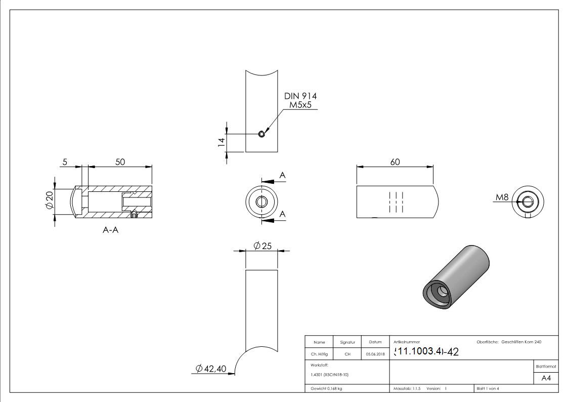 V2A Rohrabstandshalter für Stoßgriffe für Ø 42,4 mm