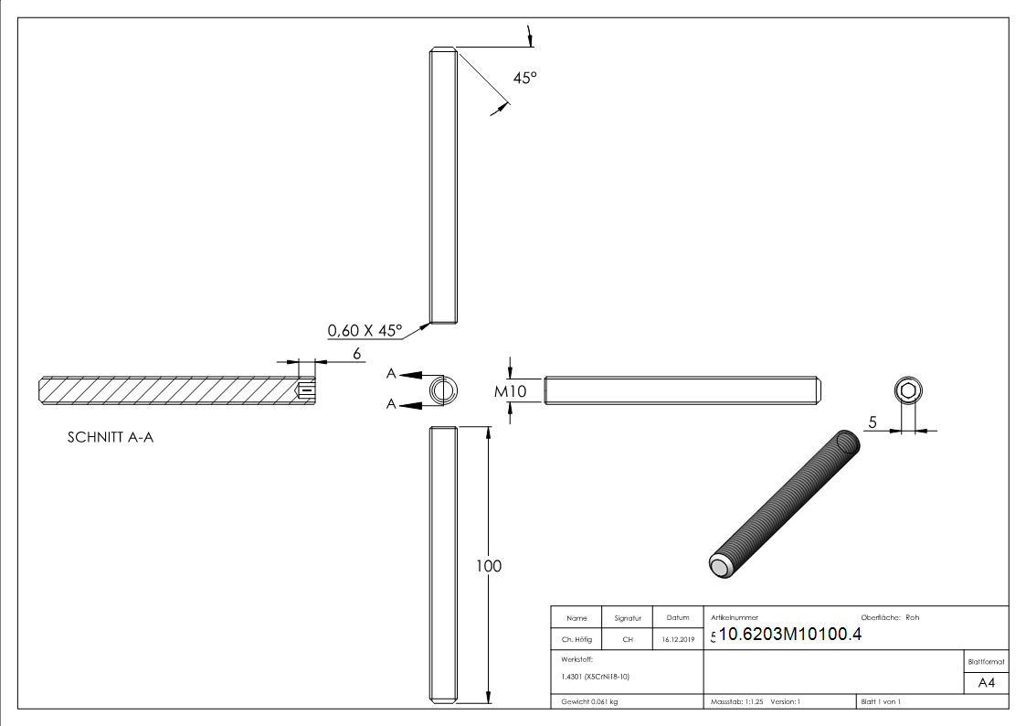 Gewindestift M10 x 100 mm | V2A