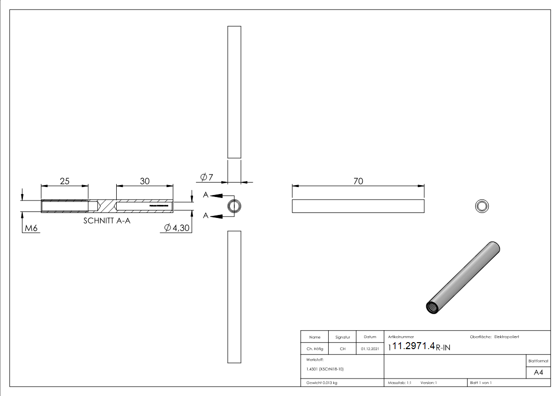 Gewindeterminal mit Innengewinde | Rechtsgewinde | Für Seil von Ø 4 mm |V2A