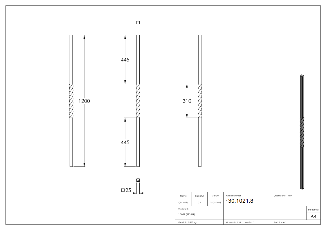 Anfangsstab | Pfosten | Länge: 1200 mm | Material: 25x25 mm | Stahl S235JR, roh