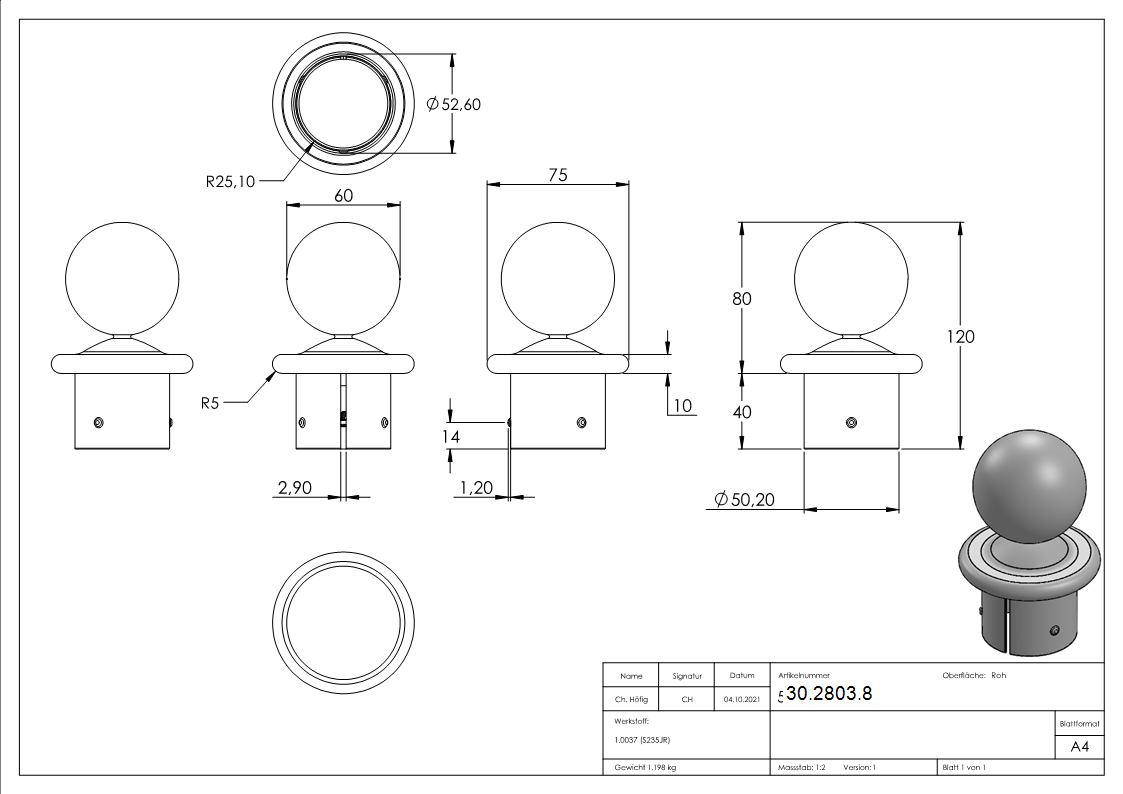 Kugelrohrknopf für Ø 60,3x2,5-2,9 mm | Stahl S235JR, roh