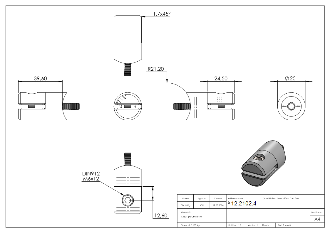 Blechhalter Ø 25 mm V2A für Anschluss Ø 42,4 mm