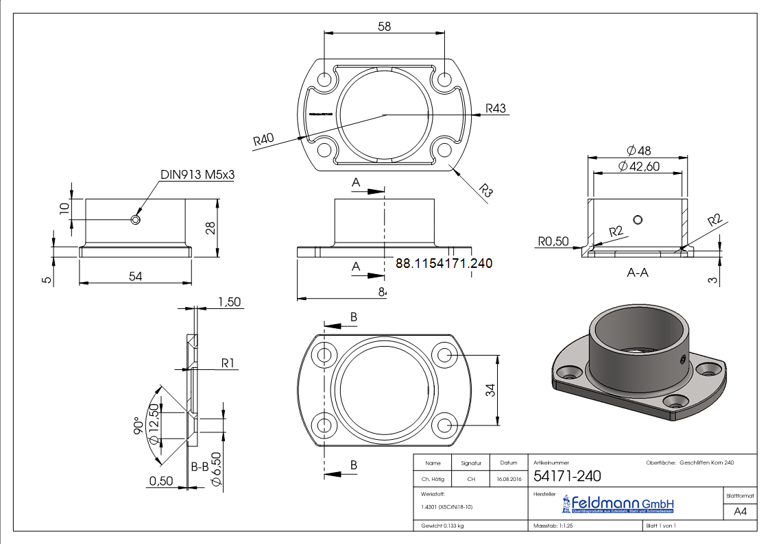 Bodenanker für Rohr 42,4mm, V2A