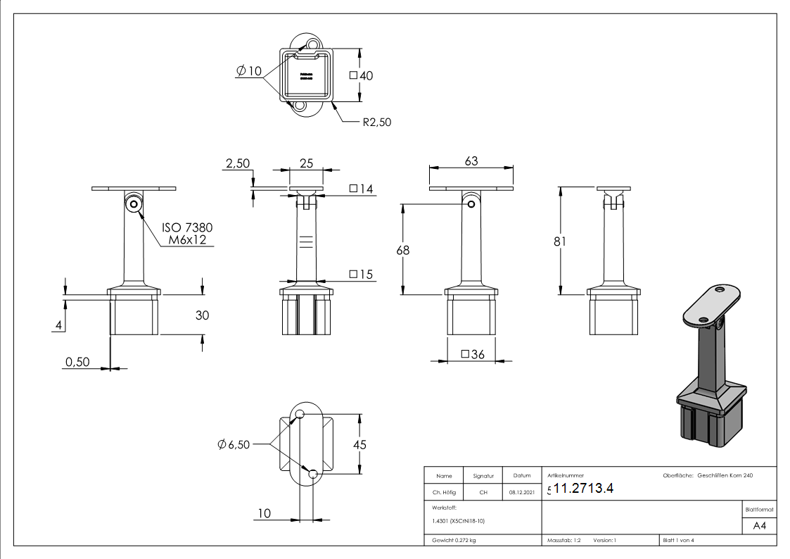 Handlaufhalter mit Gelenk für Vierkantrohr 40x40x2 mm V2A